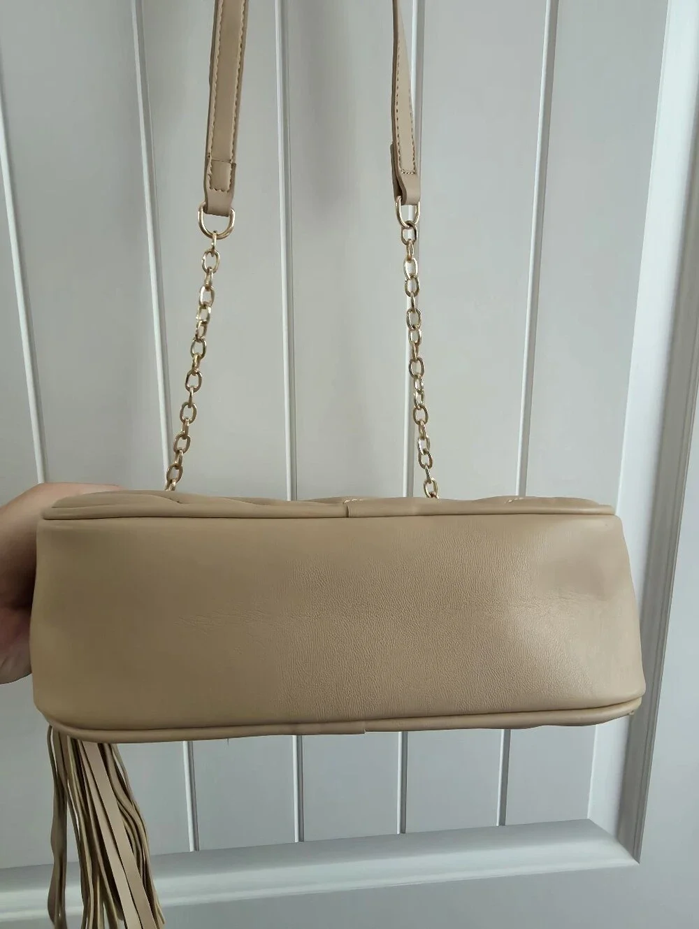 Beige Quilted Crossbody Bag with Gold Chain Strap